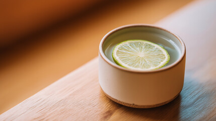 sake. Thin slice of sudachi lime on the rim of a ceramic cup filled with clear sake. bar promotions, beverage menus, designed for food & beverage menus and cafe branding.