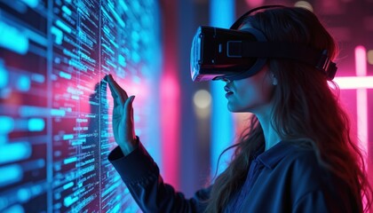 Woman using VR headset explores digital code wall. The illustration shows future tech and computing, with a modern interface. User interacts with virtual information space.