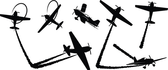 Aerobatic airplane silhouette, flight path smoke, airshow maneuver, black and white vector, aviation stunt, sky loop, dynamic motion © MstSuborna