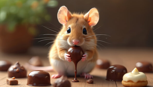 Charming photo of a small brown mouse enjoying a chocolate candy treat. The adorable rodent eats a sweet dessert surrounded by other chocolate candies on a wooden surface.
