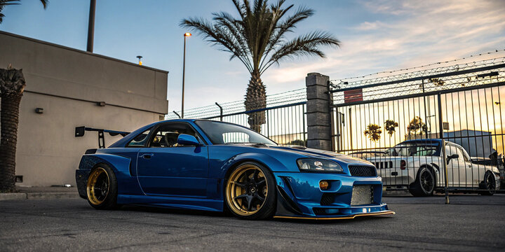 Modified Blue Widebody GT-R R34 Sunset Urban Scene