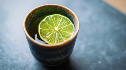 sake. Thin slice of sudachi lime on the rim of a ceramic cup filled with clear sake. bar promotions, beverage menus, designed for food & beverage menus and cafe branding.