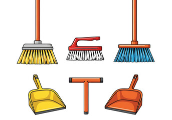 Illustrated Set of Cleaning Tools including Brooms Dustpans and Scrubbing Brush for Housework Graphics