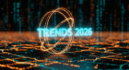 Abstract glowing circles and text "Trends 2026" on a dark digital background, representing future forecasting, predictions and trends for the year 2026
