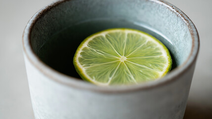 sake. Thin slice of sudachi lime on the rim of a ceramic cup filled with clear sake. bar promotions, beverage menus, designed for food & beverage menus and cafe branding.