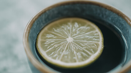 sake. Thin slice of sudachi lime on the rim of a ceramic cup filled with clear sake. bar promotions, beverage menus, designed for food & beverage menus and cafe branding.