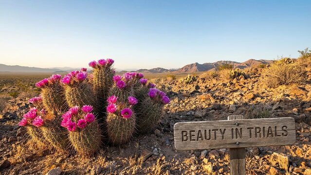 Blooming Desert Cacti in the Arid Landscape with a Sign Declaring Beauty in Adversity
