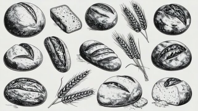 Assortment of Hand Drawn Bread Loaves and Wheat Stalks, Monochrome Culinary Illustration, Baking Ingredients, Freshly Baked Grain