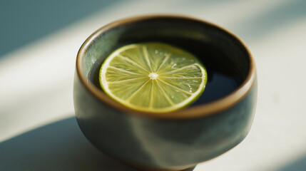 sake. Thin slice of sudachi lime on the rim of a ceramic cup filled with clear sake. bar promotions, beverage menus, designed for food & beverage menus and cafe branding.