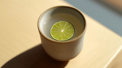 sake. Thin slice of sudachi lime on the rim of a ceramic cup filled with clear sake. bar promotions, beverage menus, designed for food & beverage menus and cafe branding.