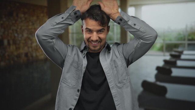 Young hispanic man making bunny ears gesture with hands on head, smiling indoors in a spa pool lounge, showcasing playful relaxation.