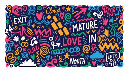 Obraz premium Doodle Style Art with Positive Words and Symbols on Dark Background, Vibrant Colors