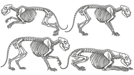 Set of Wild Cat Skeletons in Various Dynamic Poses, Detailed Art Illustration © citra