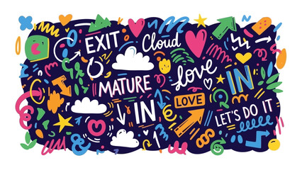 Fototapeta premium Doodle Background with Inspiring Words and Symbols, Colorful Vector Art