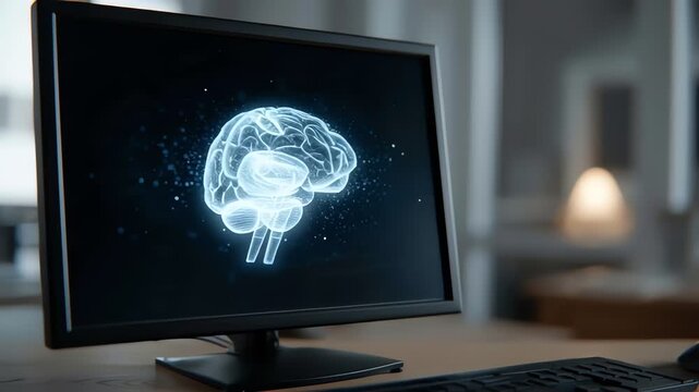 Close-up of a computer monitor displaying a glowing blue brain graphic on a desk in a blurred office background with soft lighting.