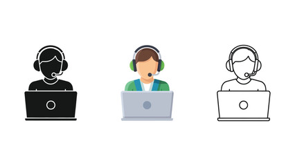 Customer support agent with headset working on a laptop computer, set of three icons in solid black, color, and outline vector illustration