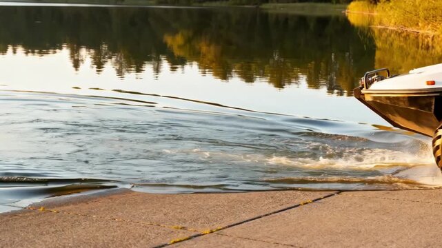 Medium shot of an amphibious vehicle smoothly transitioning from a paved road into a calm lake showcasing versatile land and water transport for adventurous tourism experiences.