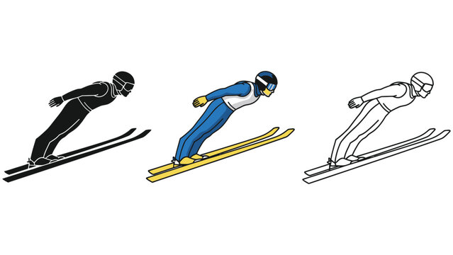 Set of three icons representing a ski jumper in silhouette, color, and outline illustration
