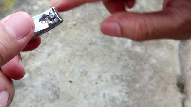 A man cuts his right fingernails with a nail clipper, maintaining cleanliness, preventing bacterial and fungal infections, reducing the risk of injury such as ingrown nails, and maintaining appearance