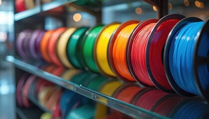 Colorful PLA and ABS filament spools arranged on a retail shelf. Various plastic materials for 3D printing are neatly displayed in vibrant hues like blue, red, orange, and green, reflecting on glass.