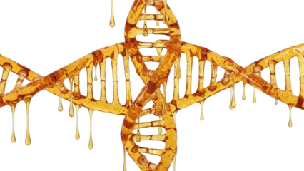 Golden D N A helix dripping with amber liquid on background isolated on a transparent background genetic