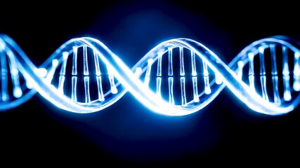 Glowing blue DNA double helix strand on dark scientific backdrop displaying genetic structure analysis and modern molecular research visualization - Powered by Adobe