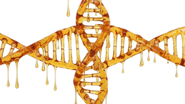 Golden D N A helix dripping with amber liquid on background isolated on a transparent background genetic - Powered by Adobe