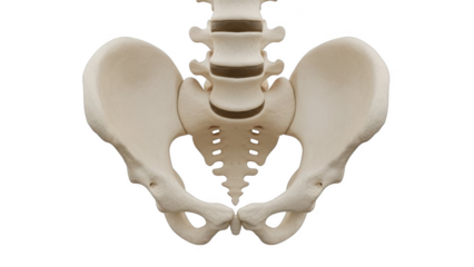 Human pelvis and lumbar spine anatomical model with dark background isolated on a transparent background