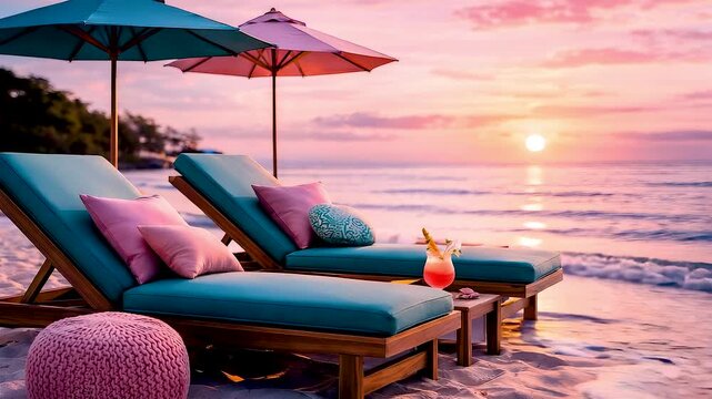 Luxury beach loungers and umbrellas at sunset overlooking calm ocean waves creating serene seaside vacation retreat atmosphere