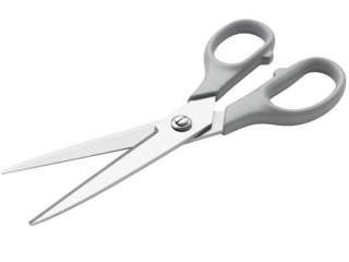 Light gray handled scissors with silver blades open against a background isolated on a transparent background
