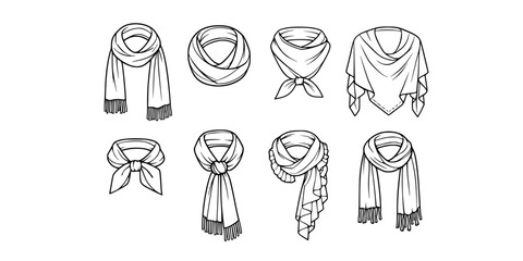 set of women's scarf flat sketch vector illustration cad mock up template