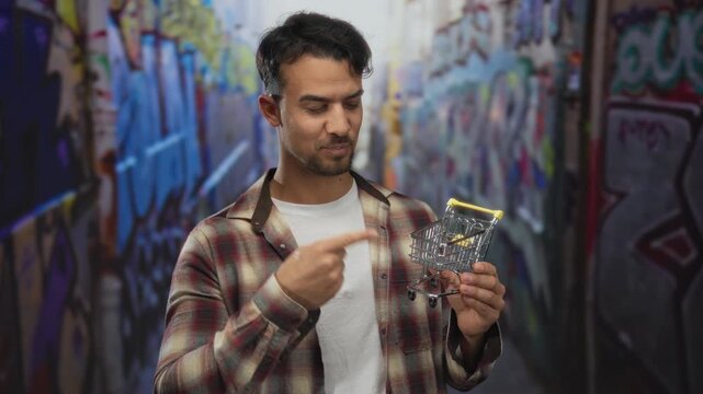 Young hispanic man in plaid shirt holding mini shopping cart giving thumbs up on graffiti alleyway background portraying urban shopping concept attention.