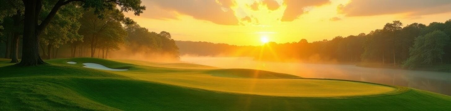 Golden hour light bathes lush green golf course, sunrise mist , morning, shadow