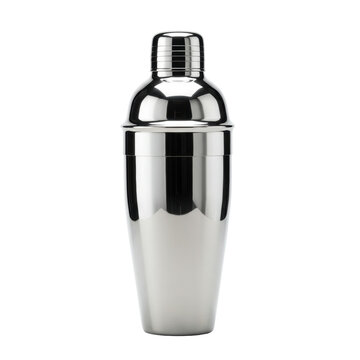 A professional-grade, highly polished stainless steel Cobbler cocktail shaker standing upright on a transparent background with soft shadows and negative space, concept of sleek mixology equipment