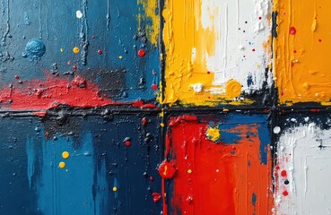 Thick textured paint strokes form a colorful abstract grid. Bold squares of blue yellow red white and orange create dynamic visual art. Splatters add energetic details. This modern artwork.