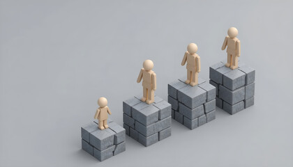 Career progression and corporate hierarchy concept with wooden figures on rising stone pedestals for human resources recruitment blog header