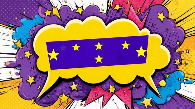 Vibrant comic book style speech bubble with colorful explosion background