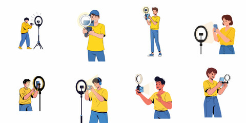 Naklejka premium Content Creators Vlogging and Live Streaming with Ring Lights Set: Modern Influencers Using Smartphones and Cameras for Social Media Video Production.