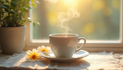 Warm cup steam in sunlight near window with daisies and plant. Cozy home interior design photo. Morning comfort, peace. Relax with hot beverage.