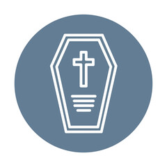 Obraz premium A blue circle icon with a white outline of a coffin and cross symbol