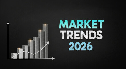 Image with bar graph, upward arrow and text "Market Trends 2026" on a dark background, representing financial growth and future market analysis