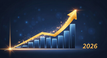 Graphical representation of increasing data with blue bars and a golden arrow, symbolizing growth, progress, and financial success in 2026