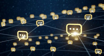 Illustration of several golden speech bubble icon connected with lines, symbolizing communication, connection, networking and modern technology concept