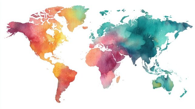 Colorful watercolor world map with artistic global vibes.