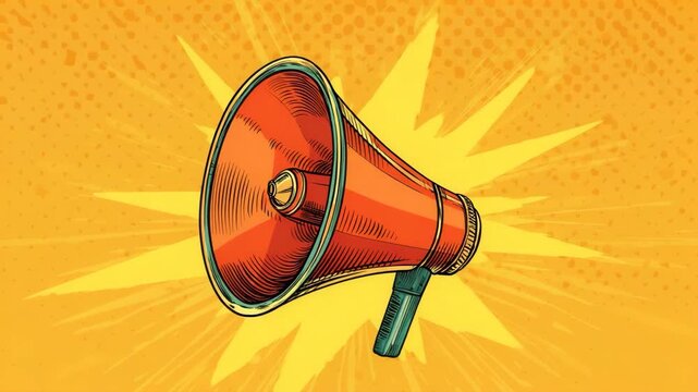Vibrant orange megaphone on yellow background with starburst effect