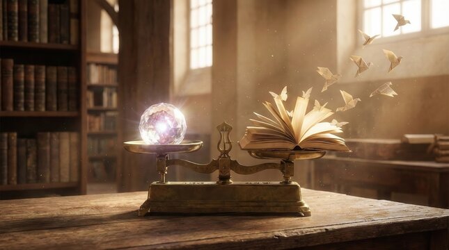 Libro antico su bilancia con sfera luminosa in biblioteca antica  illuminata dal sole. Generative AI 