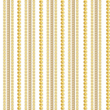 Illustration seamless pattern gold jewelry chains and beads borders isolated on white
