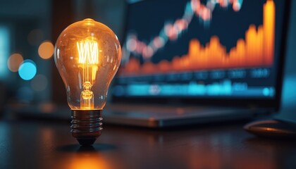 Lit lightbulb glows near laptop with graphs. Modern digital screen with business chart shows trends, data analysis. Innovation idea brings success in stock market, finance.