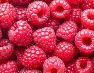 Overhead close-up of a cluster of bright red, ripe raspberries filling the frame. Textural details show their bumpy surface