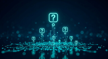 Abstract, glowing, blue circuit board with question mark icon, representing digital connectivity, information technology and data processing concept